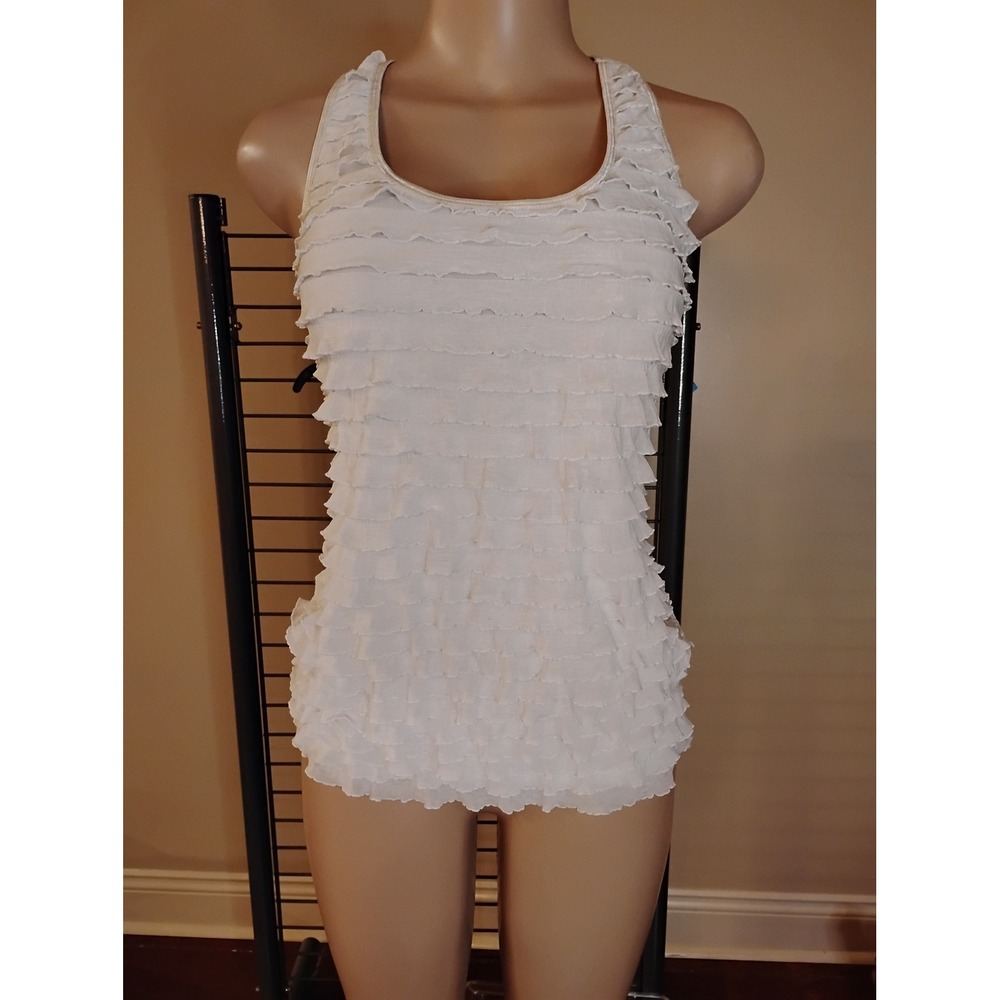 Studio Y White Tiered Ruffle Racerback Tank Top Small Boho Layering Scoop Neck